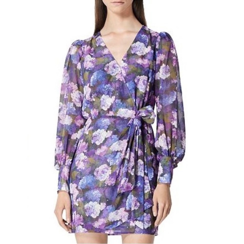 New The Kooples Purple Garden Floral Puff Sleeve Wrap Mini dress Chiffon 1/ XS 🩷